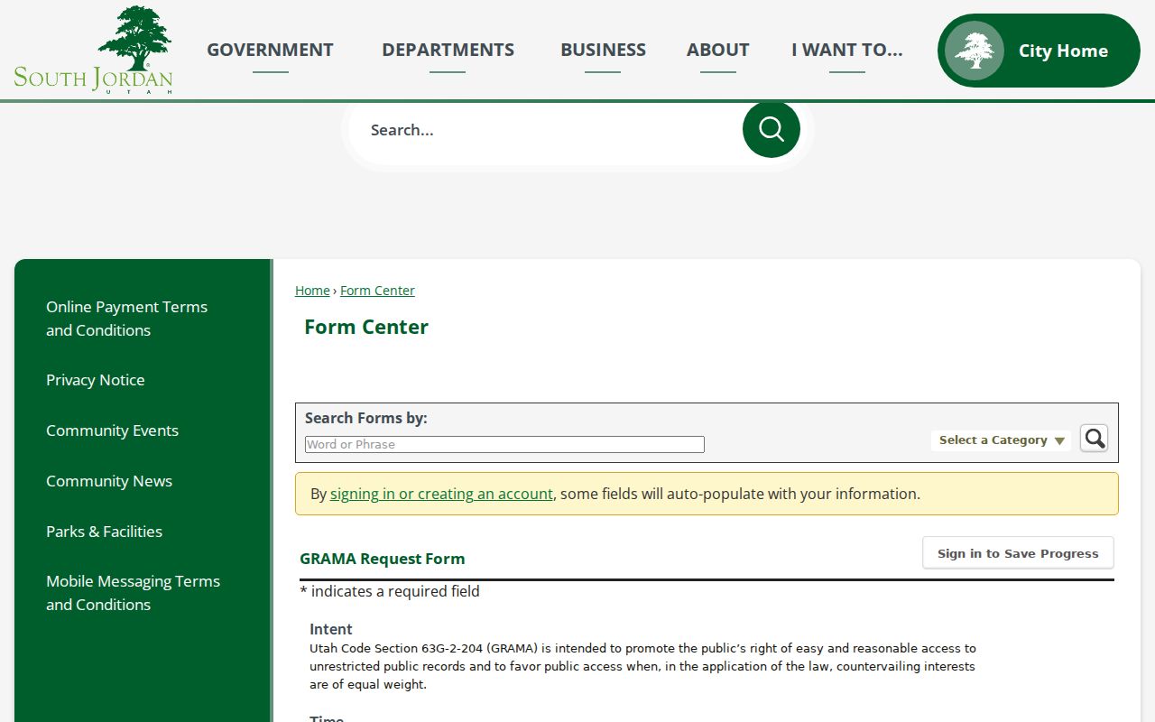 South Jordan residents directory view of the city GRAMA request form