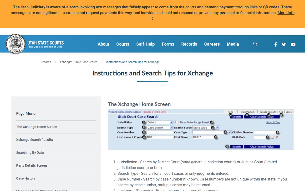 South Jordan resident lookup Utah Courts Xchange fields