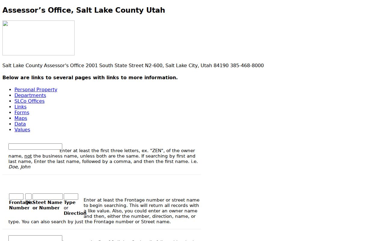 South Jordan residents directory view of the Salt Lake County Assessor search fields